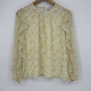 Anthropologie Sheer Ruffle Blouse Women's Small Yellow Floral Long Sleeve‎